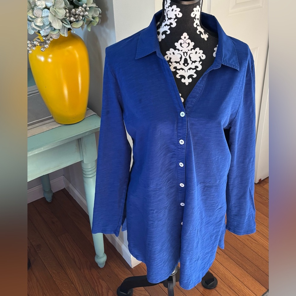 Soft Surroundings Pamplona Tunic Top Women’s Size L Button Front Lagoon Blue